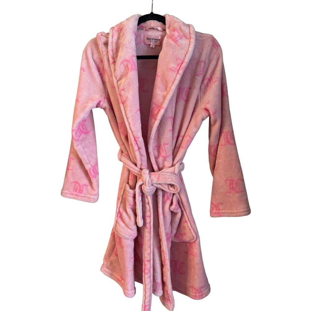 Juicy Couture Fuzzy Bath Robe Size L/XL Women’s Pink Belt Spellout Logo